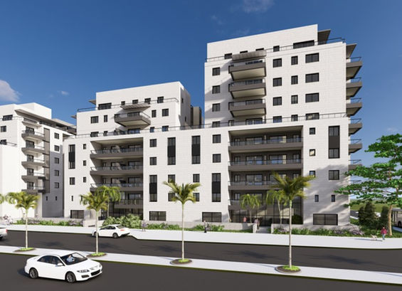 קומפלקס מגורים מודרני, מבט מהרחוב עם חזית זכוכית וכניסה ראשית