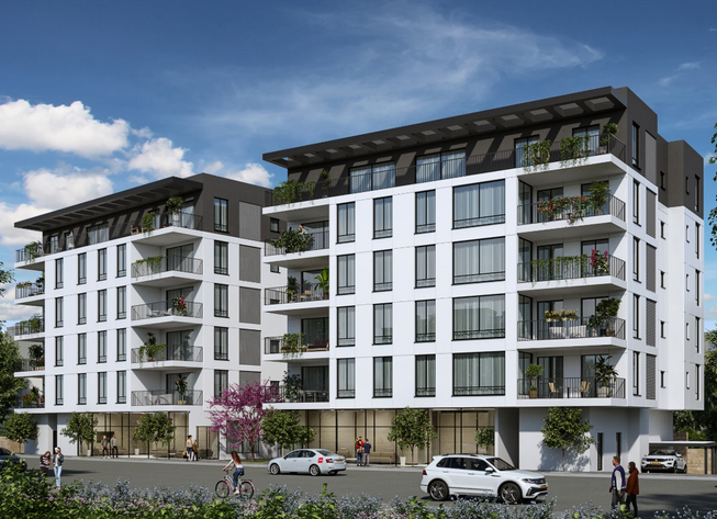 קומפלקס מגורים מודרני, מבט מהרחוב עם חזית זכוכית וכניסה ראשית