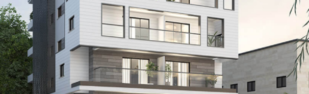 בניין מגורים מודרני, מבט מהרחוב עם חזית זכוכית וכניסה ראשית