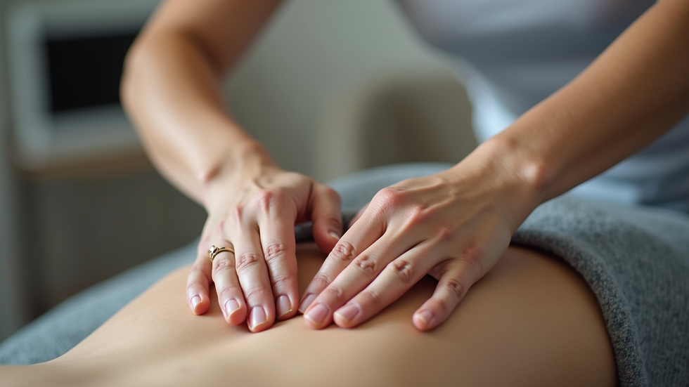 Close-up view of a therapist's hands adjusting a patient's back in a treatment session