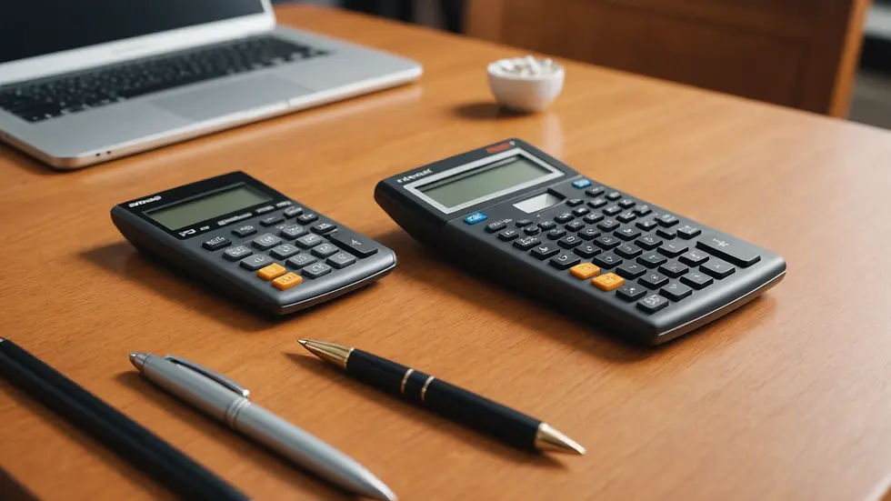 Vista de cerca de una calculadora, un formulario y un bolígrafo sobre un escritorio de madera.