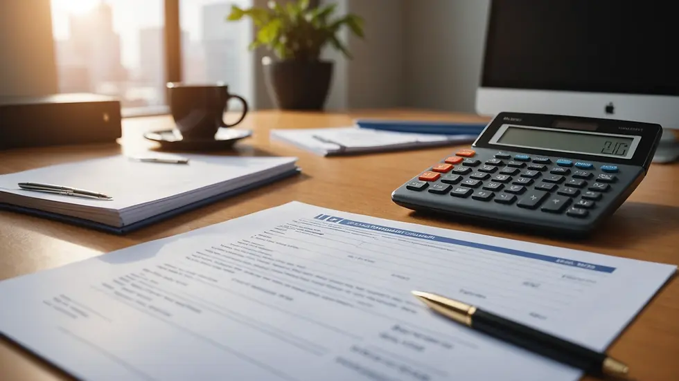 Vista a la altura de los ojos del escritorio de un asesor financiero con documentos fiscales y una calculadora