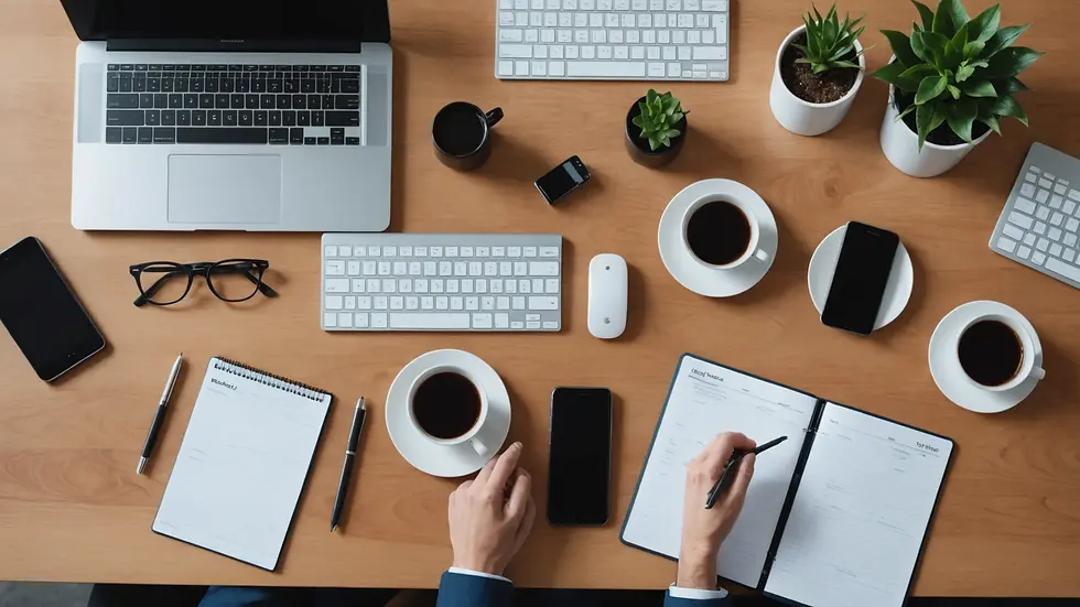Vista en ángulo alto de un espacio de trabajo empresarial que muestra herramientas y dispositivos digitales.