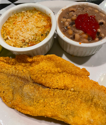 Sadiebelle's Fried Catfish with Black Eyed Peas and Squash Casserole