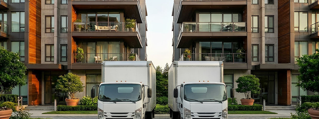 Two box trucks parked in front of an apartment complex