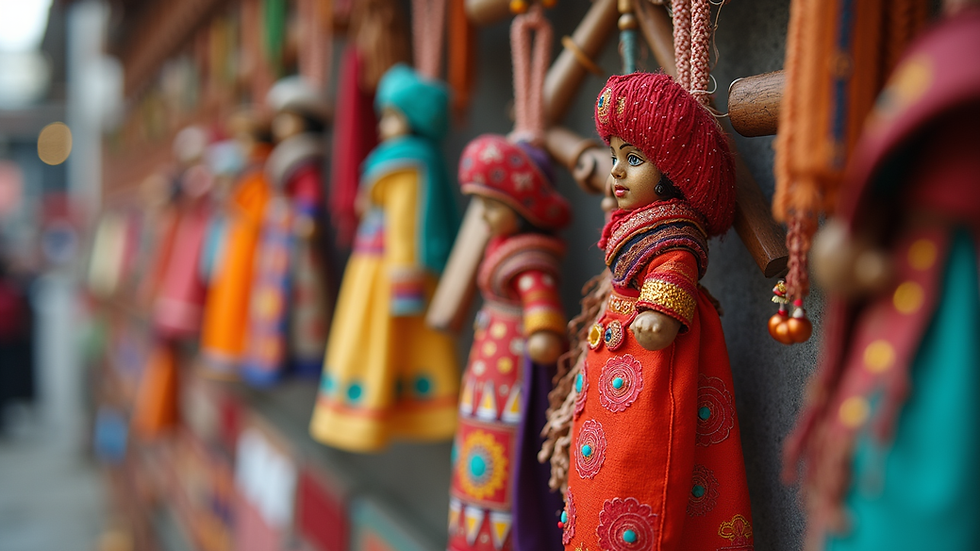 Close-up view of colorful handmade crafts on display