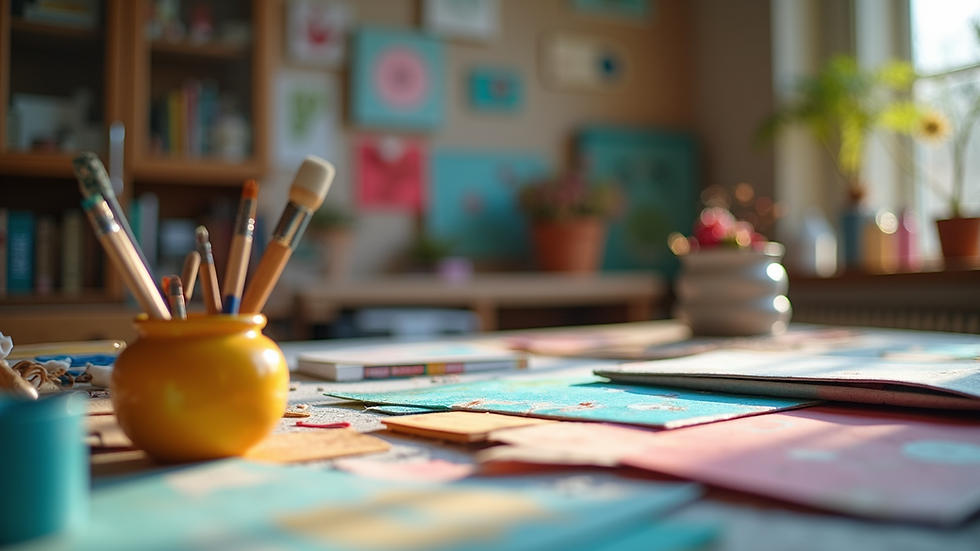 Eye-level view of a cozy art studio with colorful craft materials