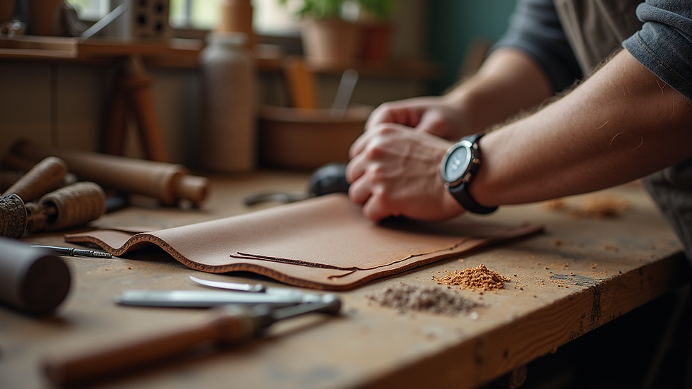 close-up view of leather crafting tools on workbench