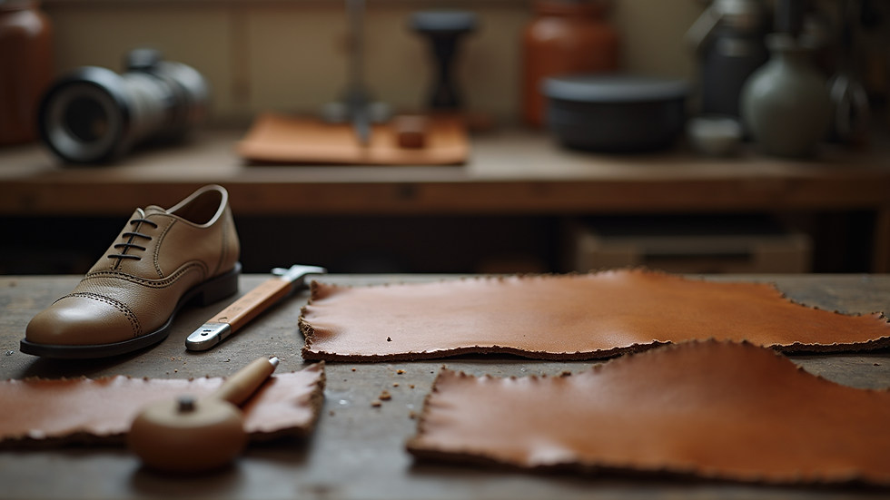 close-up view of leather pieces and shoemaking tools on a workbench