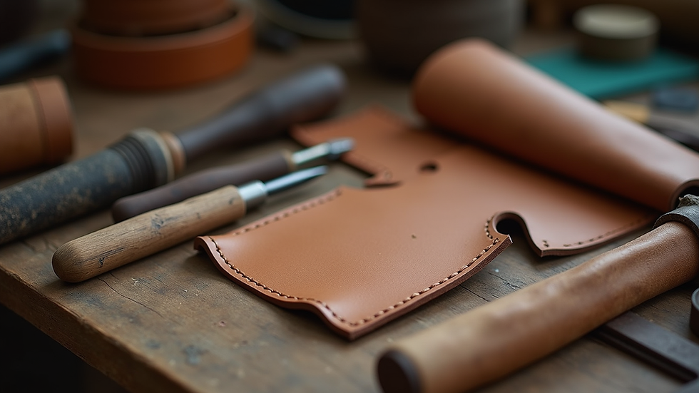 Eye-level view of a leather crafting workspace with tools and leather pieces