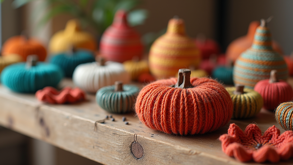 close-up view of colorful handmade crafts displayed on wooden table