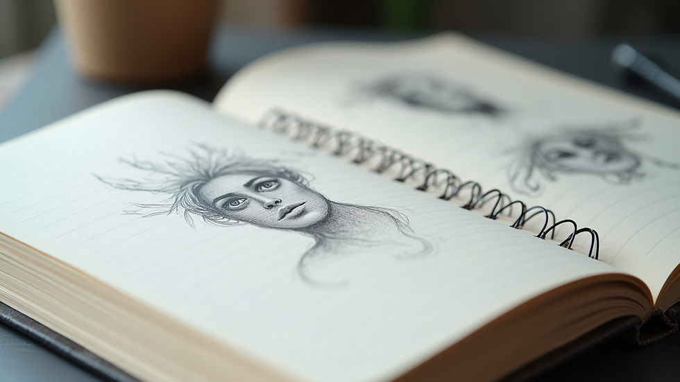 Close-up view of a sketchbook with various pencil drawings