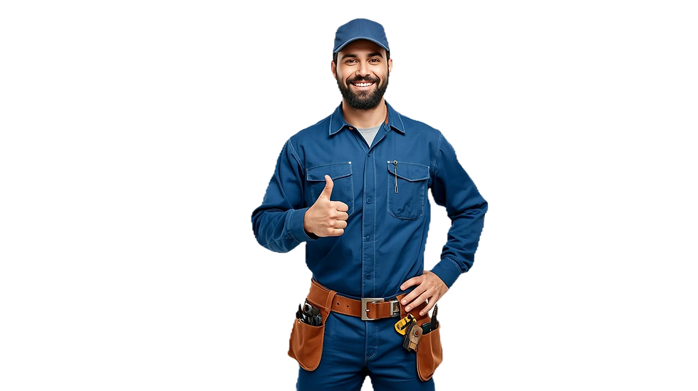 Professional male antenna technician, bearded, wearing blue _work uniform jumpsuit, tan le