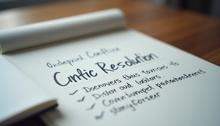 Close-up of a notebook with handwritten notes on conflict resolution strategies