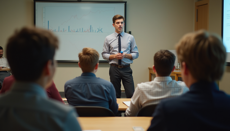 High angle view of a student practicing public speaking in front of a small group