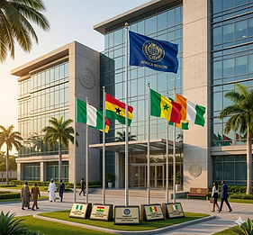 Building with African flags, representing Pan-African Diplomatic Leadership