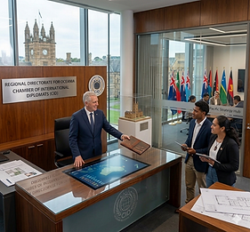 Director meets two colleagues in international diplomacy office, map on desk.