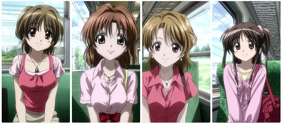 Anime-style characters sit on a train, each wearing pink tops. The background shows a blurred landscape through the windows, creating a calm mood.
