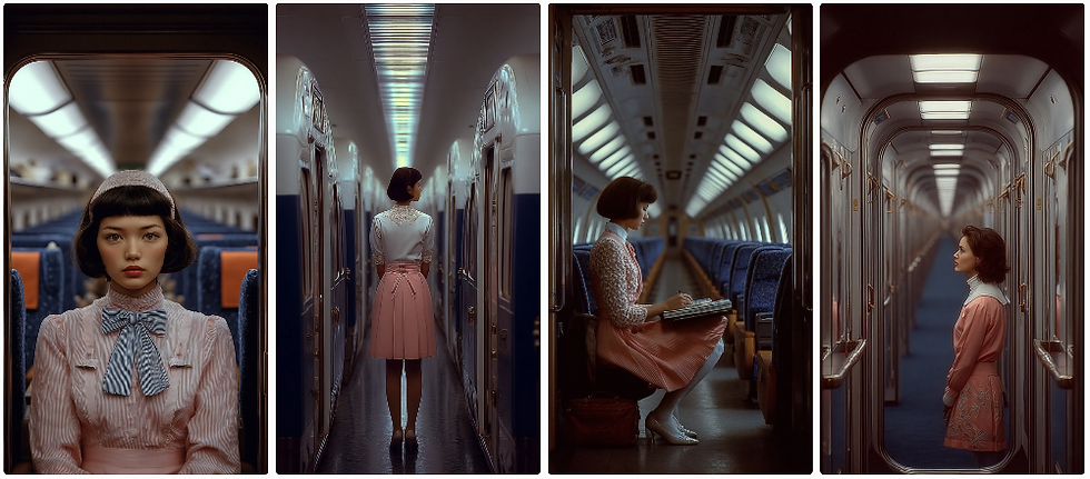 Woman in vintage attire with a striped bow sits and stands inside a retro train. Dim lighting and symmetrical design create a nostalgic mood.
