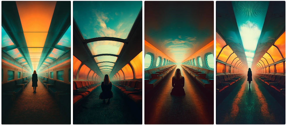 Four images show a person in dimly-lit futuristic train interiors, with vibrant orange and teal hues, evoking a surreal, contemplative mood.