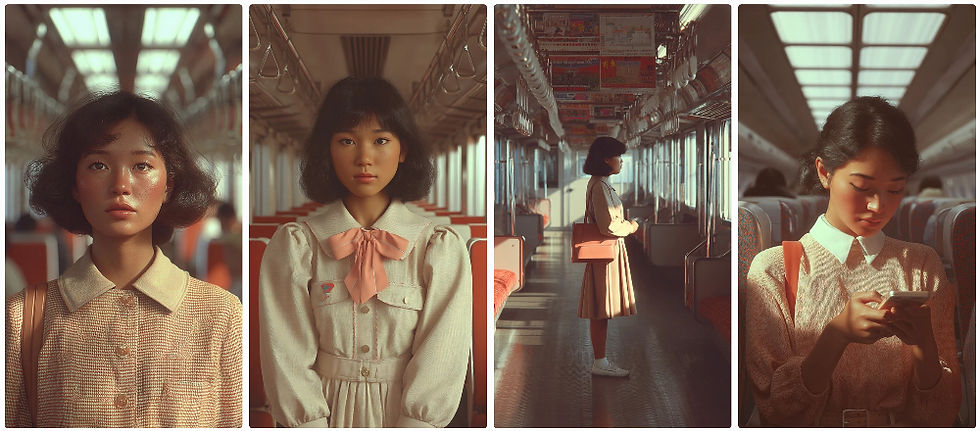 Women ride a train, either standing or sitting, with soft lighting and neutral colors. Some focus pensively while others use a phone.