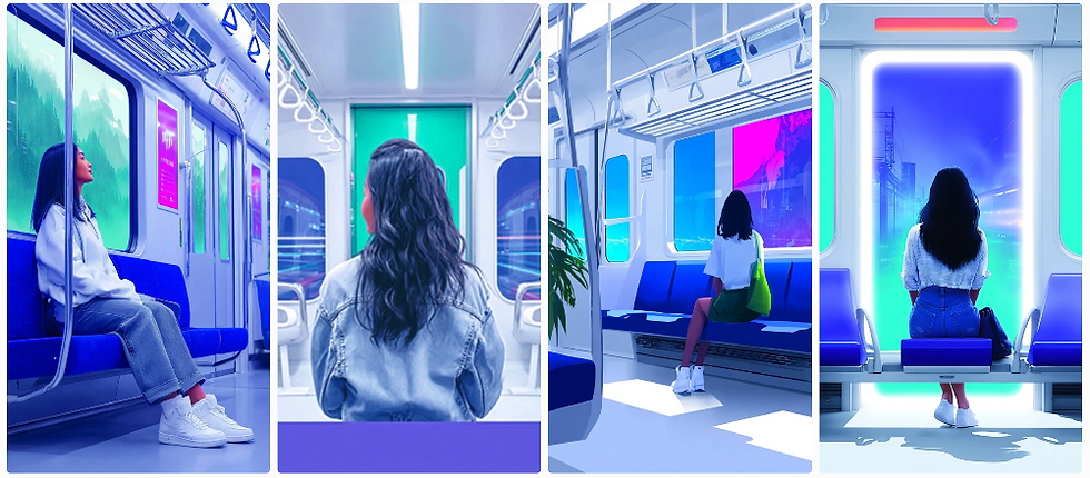 Four images of people sitting alone on a train, each facing vibrant window views with blue and purple hues. A calm, introspective mood.