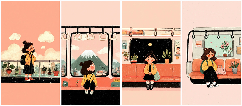 Four scenes: A girl with a backpack on a train platform, then on a train with windows showing mountains, night sky, and plants. Warm colors.
