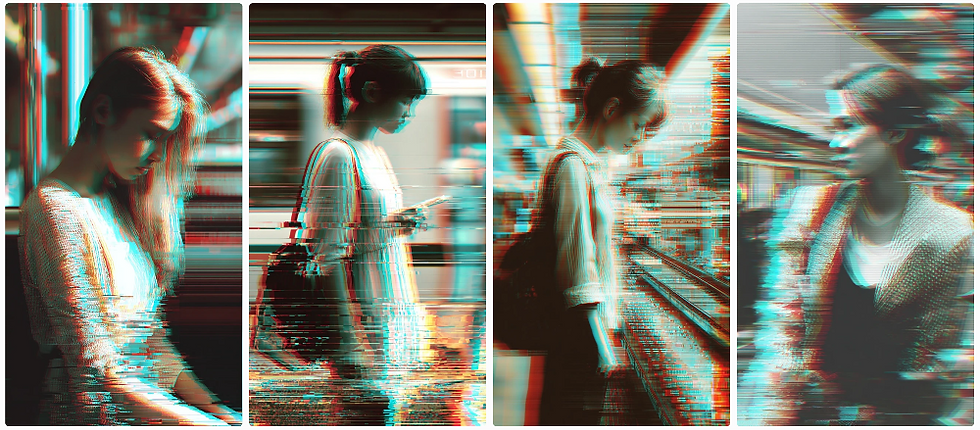 Four glitch-art images of a woman in a subway, holding a phone or standing. Neon colors with a blurred, digital distortion effect.