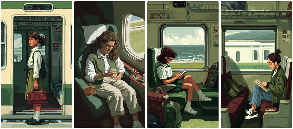 People sit in a train, engaged in activities like reading and using phones. The setting shows windows with views of the outdoors, evoking calm.