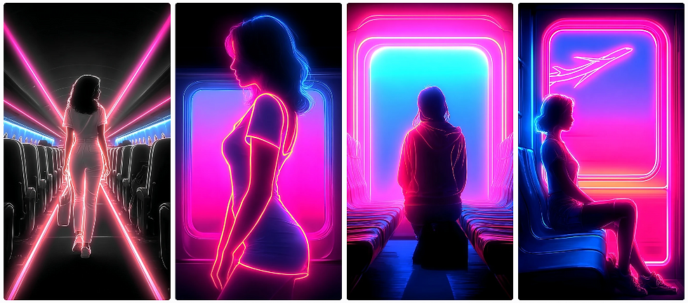 Silhouetted figures with neon outlines in futuristic airplane settings. Bright pink and blue hues, with seats and windows visible.