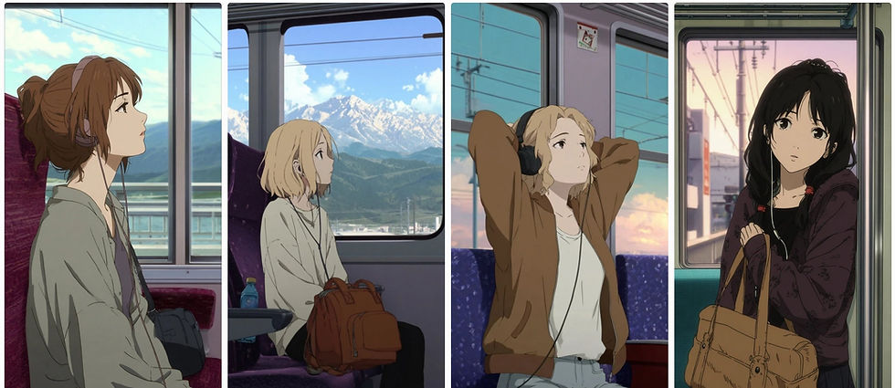 Four women, each sitting by a train window, listening to music with headphones. Background shows snow-capped mountains and a pink sky.