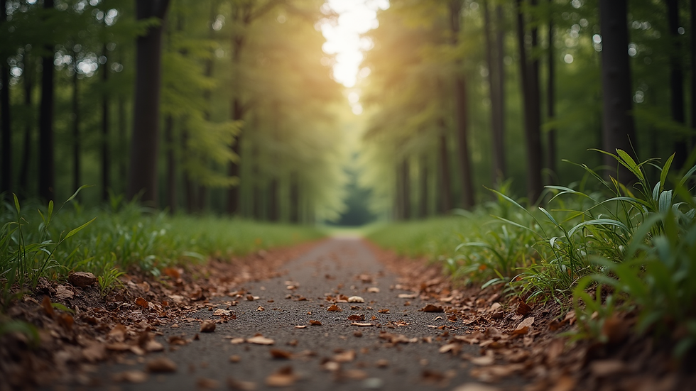 Eye-level view of a running trail surrounded by trees