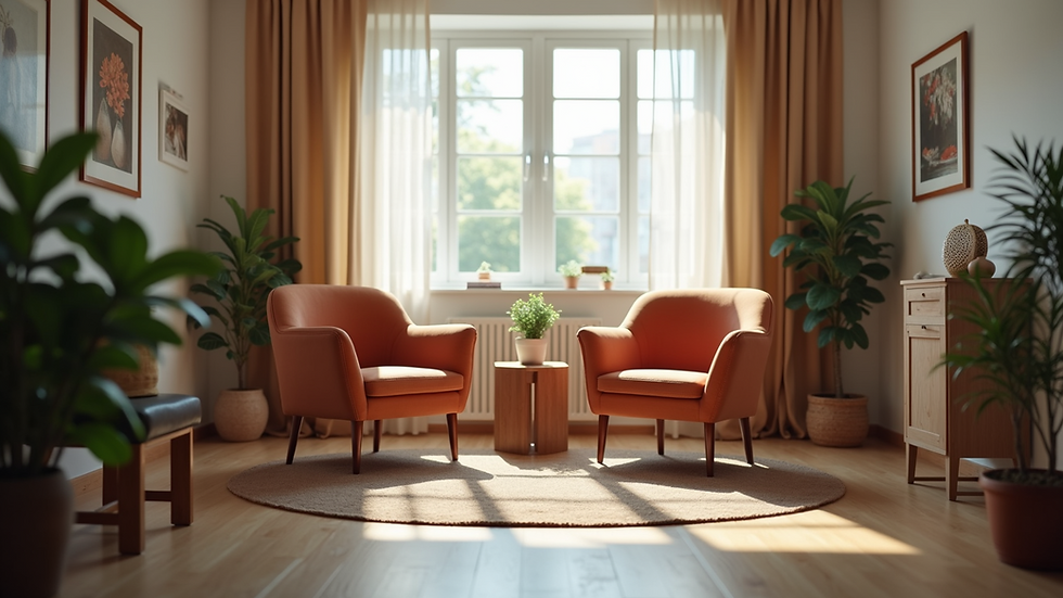 Eye-level view of a cozy counselling room with two chairs facing each other