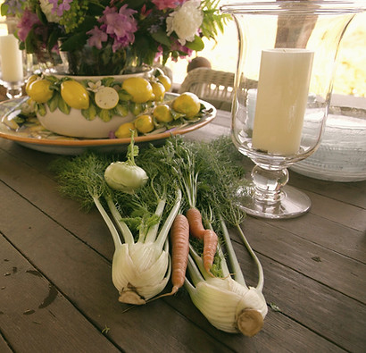 Table setting with fresh vegetables at Waverley Hill.  Staunton, Virginia.