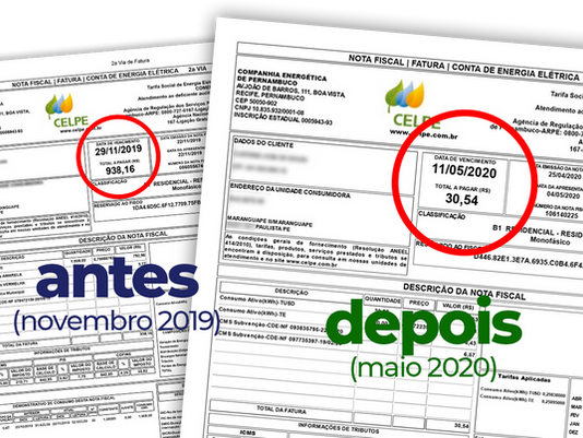 Conta de luz antes e depois do painel solar