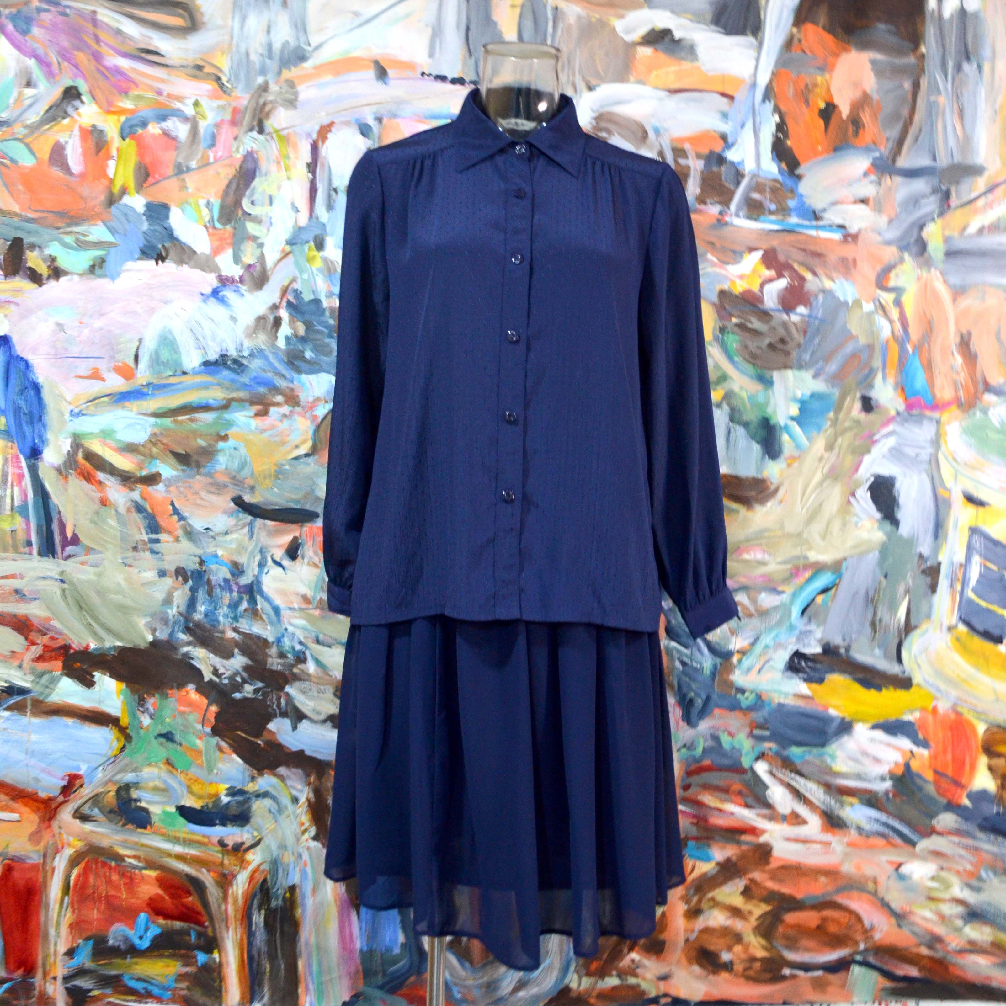 簡約深藍色方領打褶長袖寬鬆襯衫 淑女高雅 日本中古古著