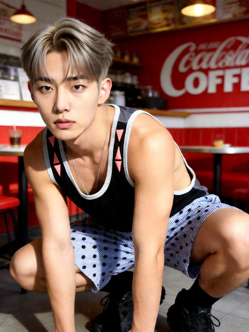 섬네일: TIMBEELO Unisex Low Cut Big Hoop Black Seersucker Paneled Vest Tank Top