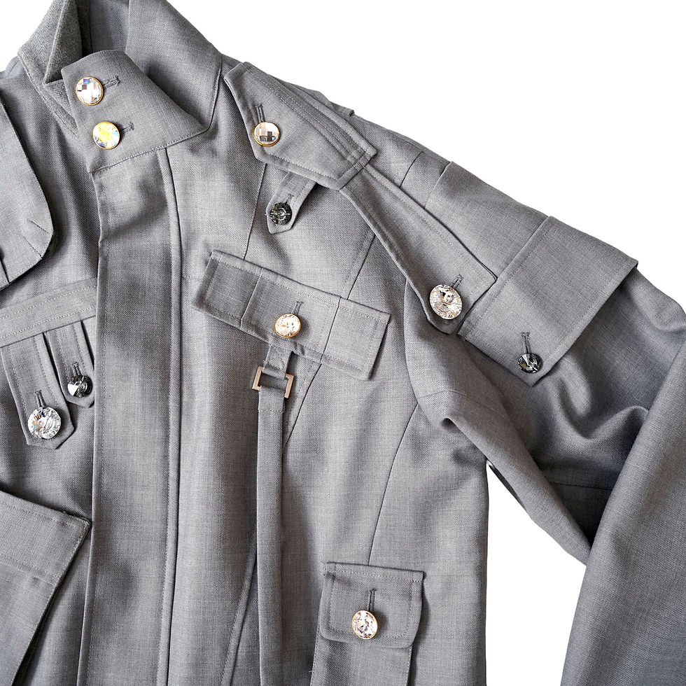 縮圖：TIMBEE LO Gray Suit Fabric Military-Style Multi-Pocket Jacket w/ Crystal buttons