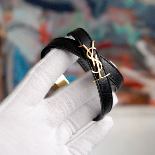 YSL SAINT LAURENT Black Leather Double-Wrap Bracelet with Gold YSL