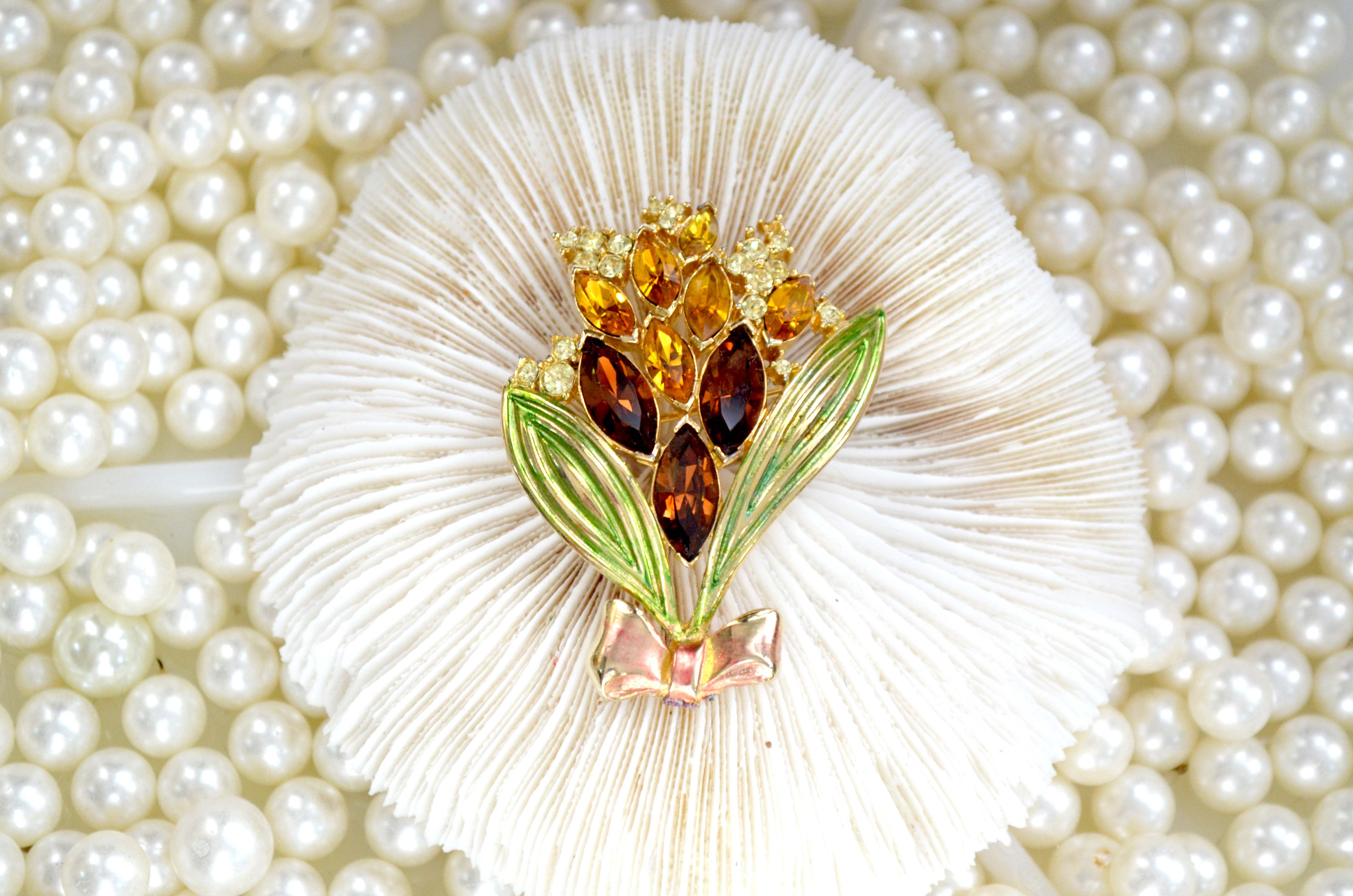 希臘神話女神風鍍金寶石花束胸針 貴婦淑女 日本高級古著珠寶首飾