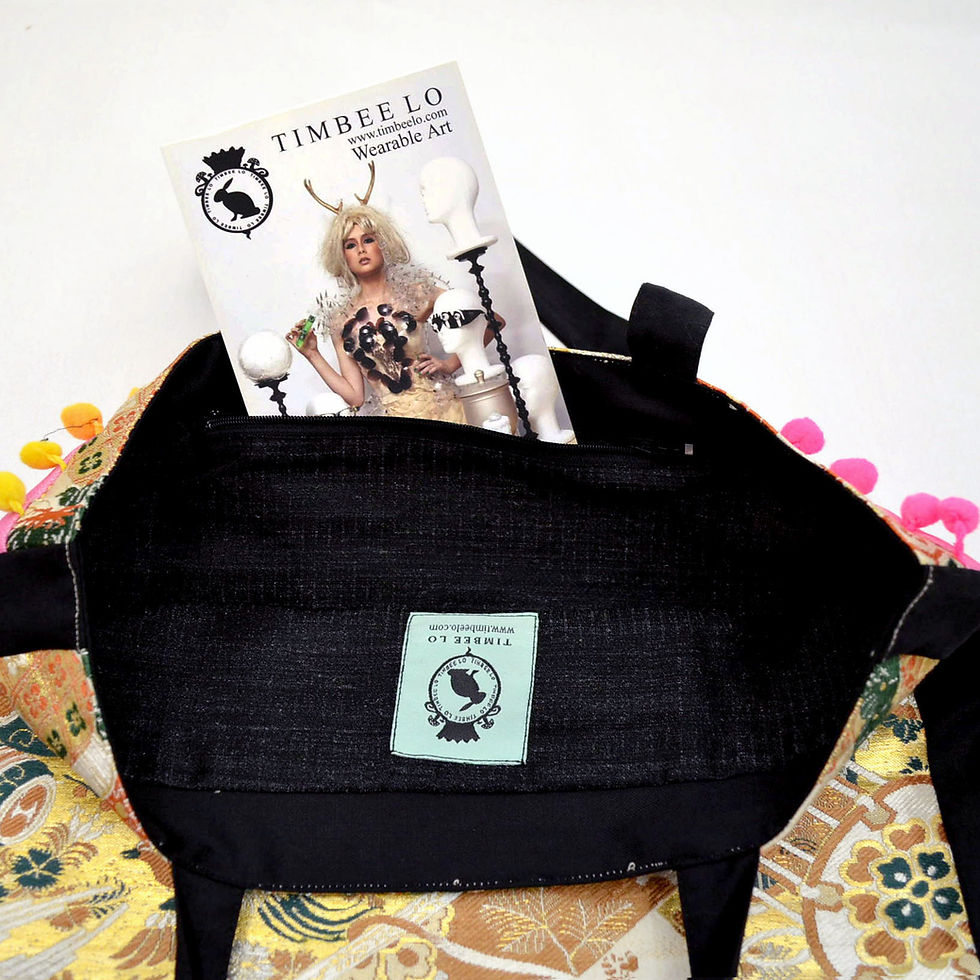 Miniatura: GOOKASO 米白薏米貓咪雙面購物袋 TOTE BAG  棉麻印花圖案 背面日本和服織錦綢緞 綴彩色小球花邊