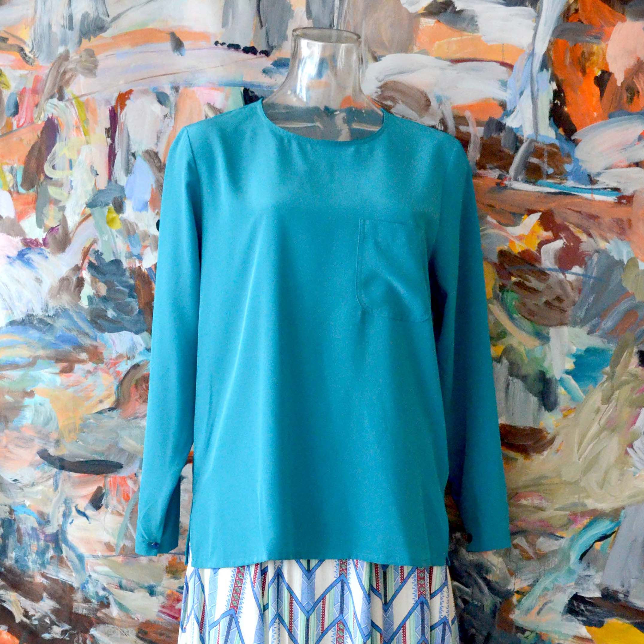 日本中古 湖水綠圓領胸袋尼龍寬鬆版型上衣 日系上班文青古著