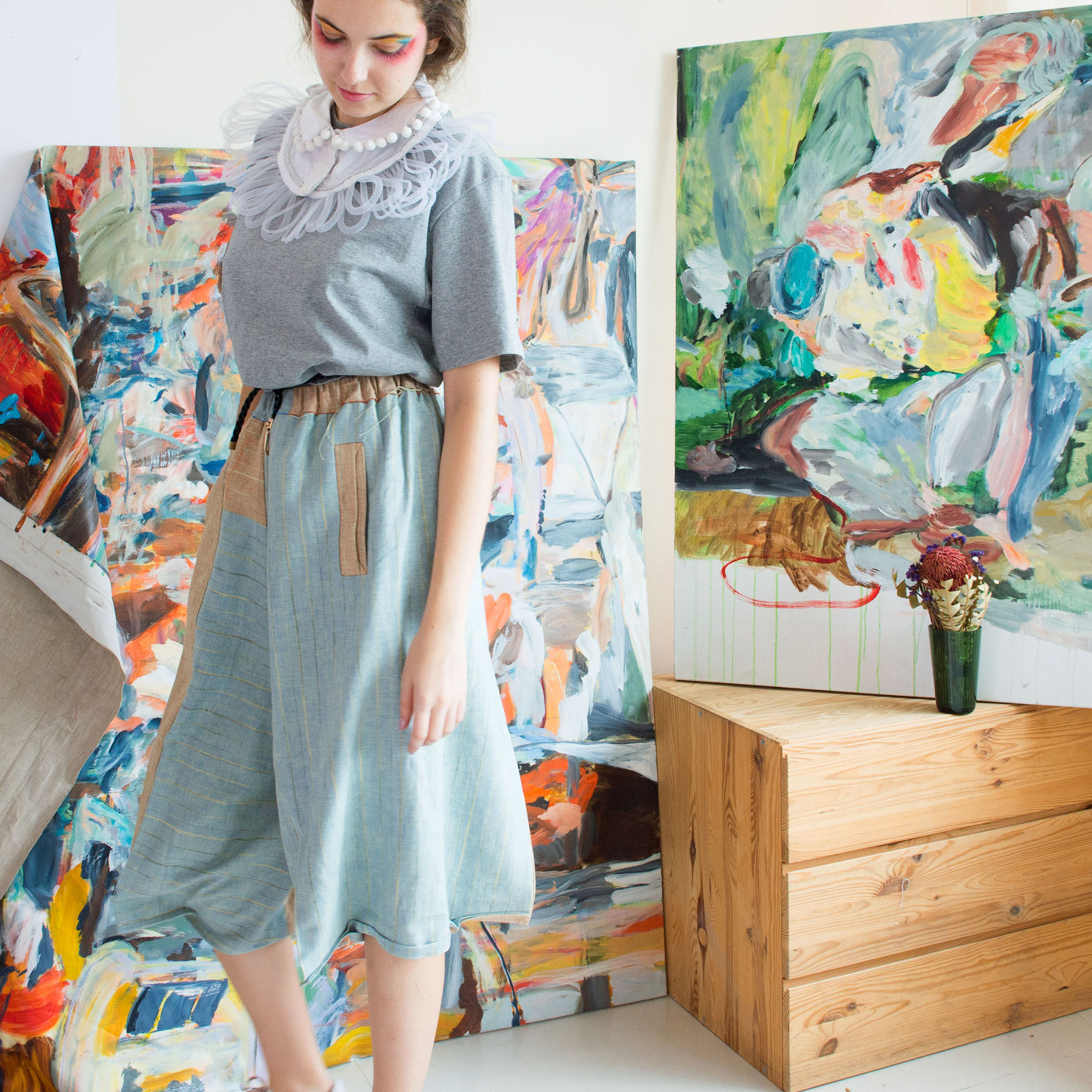 TIMBEE LO 不對稱拼色尖角長褲 棉麻質 男女合穿