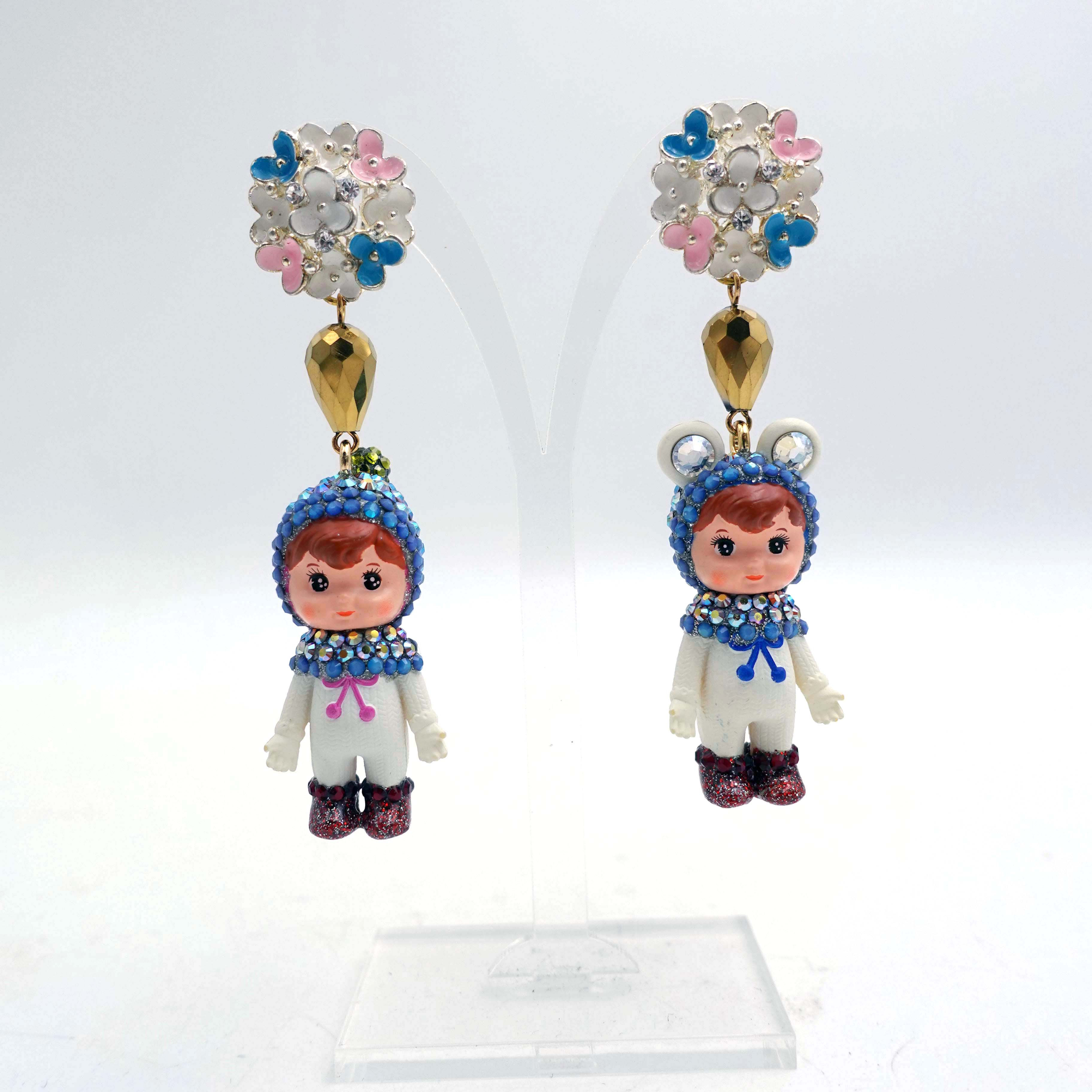 藍色珠寶風復古娃娃綴閃爍寶石耳環耳夾可訂製其他顏色施華洛水晶 的副本