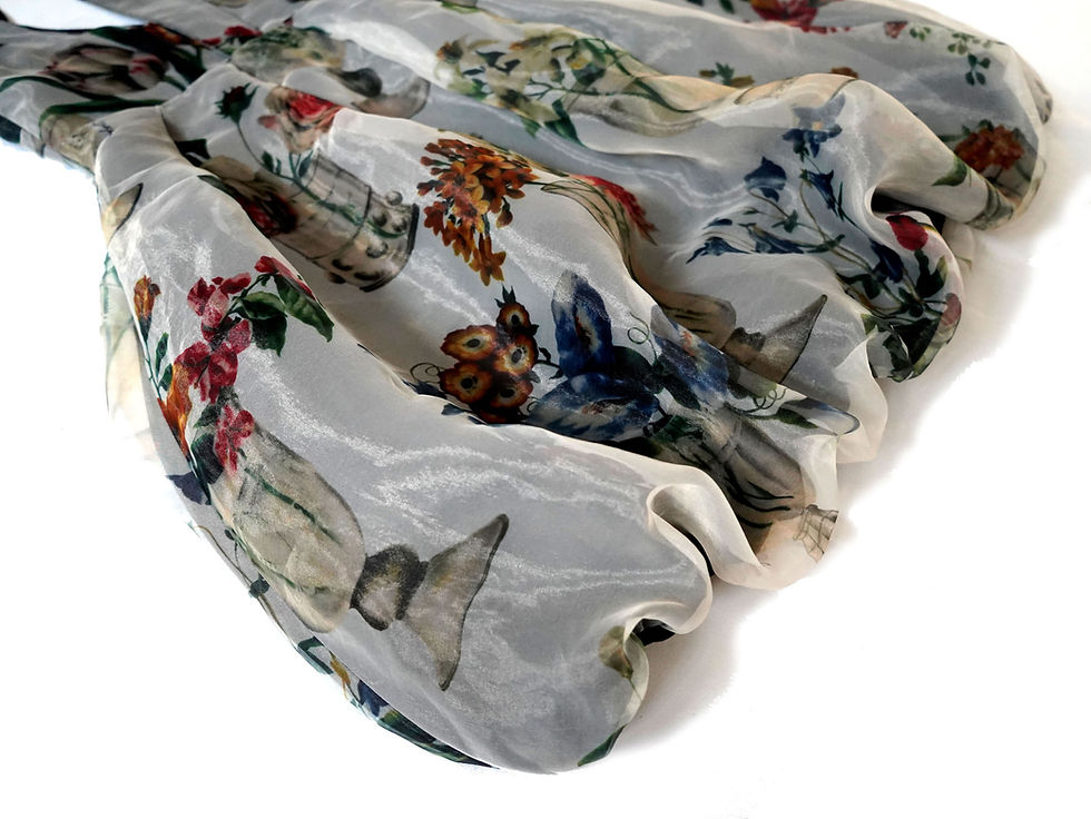 Thumbnail: TIMBEE LO Gray See-though Floral Pattern Triple Layers Y-Neck Pumpkin Dress