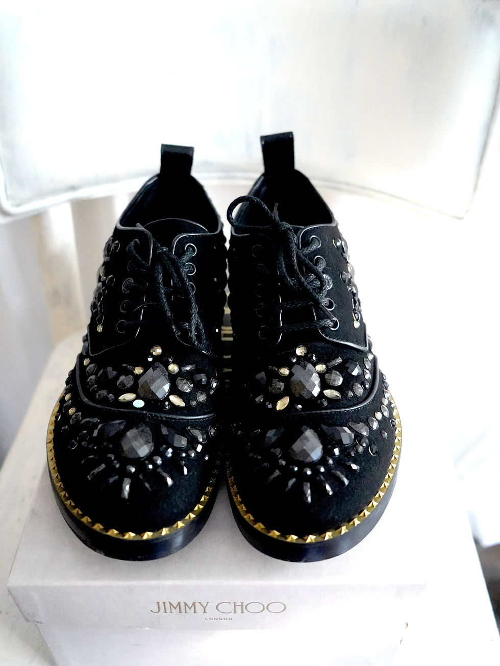 Miniature : EU39.5.JIMMY CHOO Black Leather Suede Crystal-Embellished Oxford Shoes