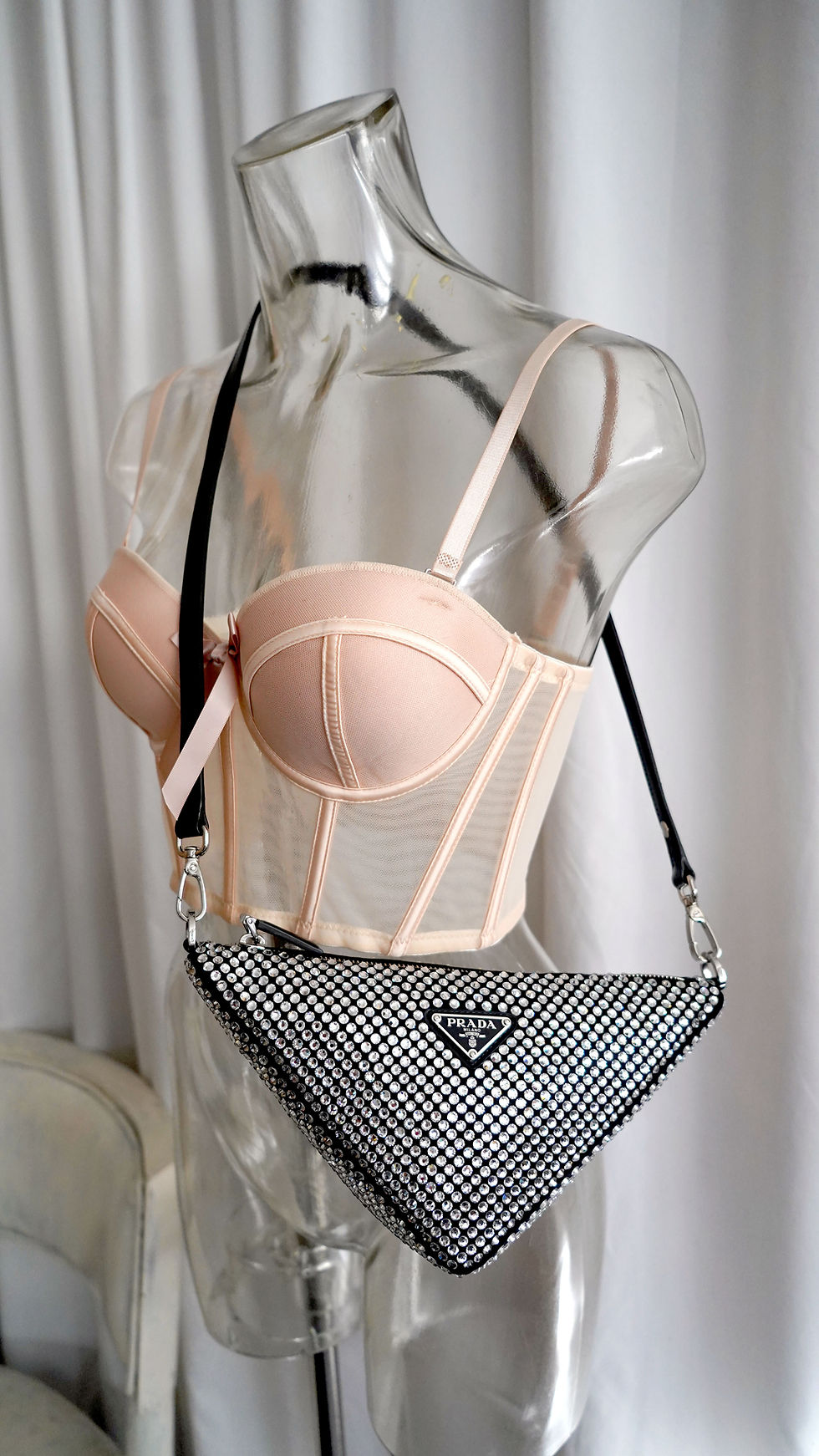 Thumbnail: PRADA Triangle Nylon Crossbody Bag with Full Crystal Embellishments (100% Authentic)