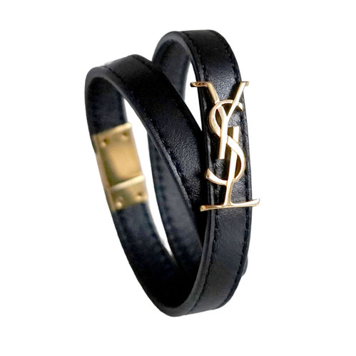 YSL SAINT LAURENT Black Leather Double-Wrap Bracelet with Gold YSL