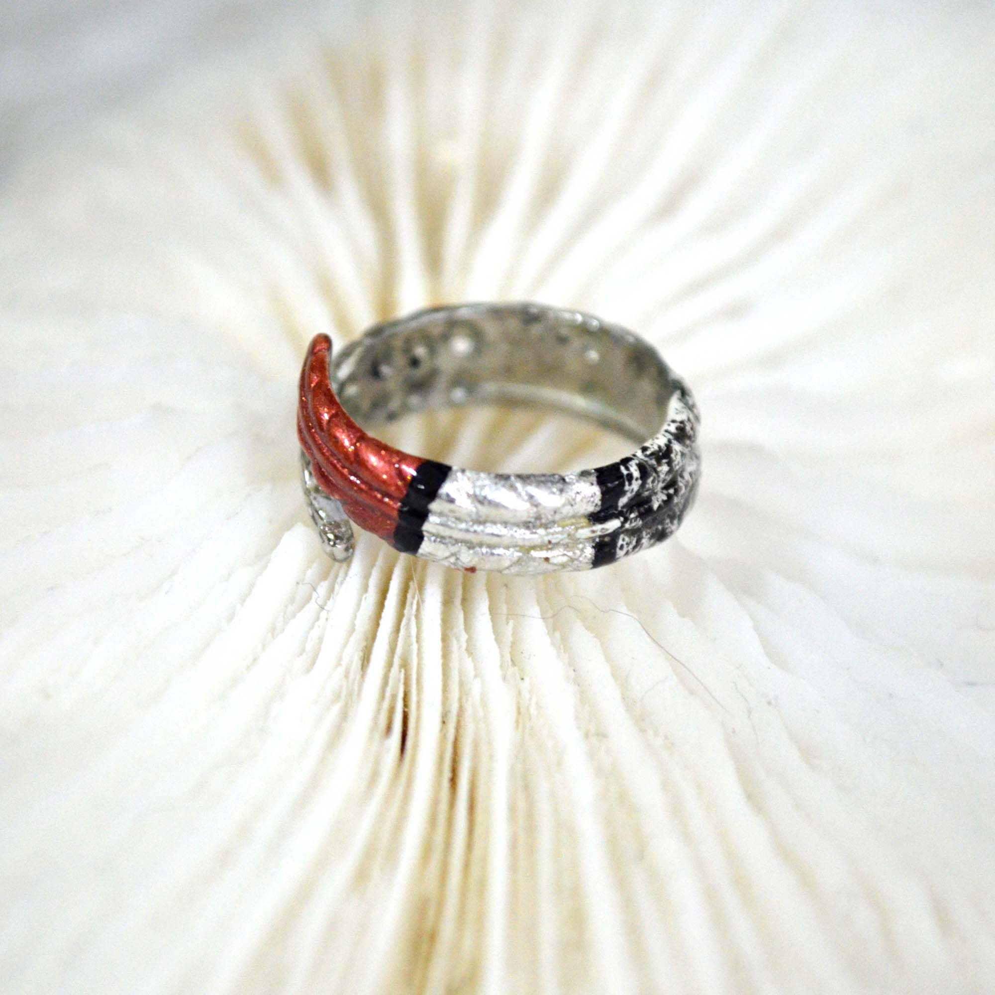 藝術手工彩繪羽毛銀色戒指 高貴優雅 日本二手中古珠寶首飾古著