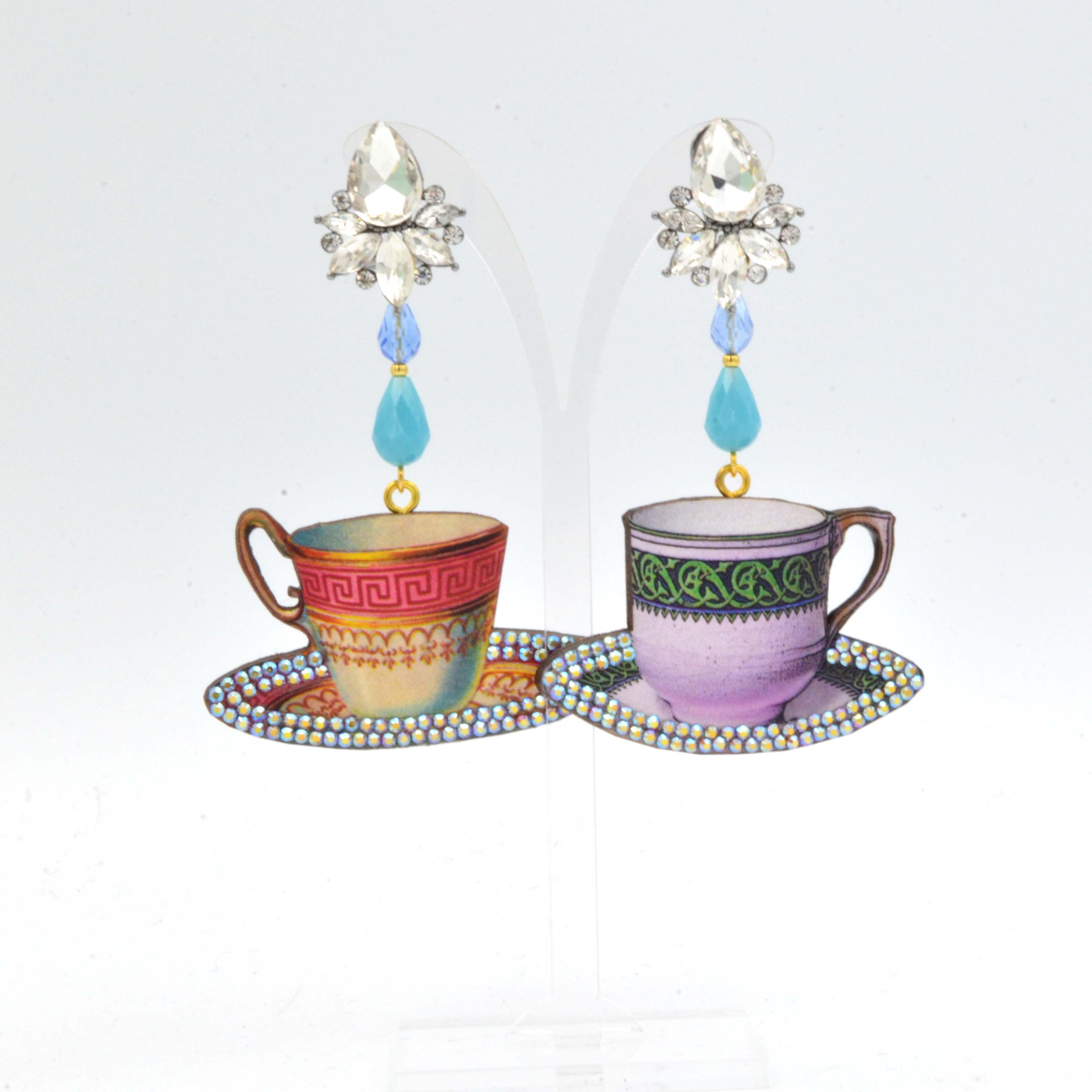 復古茶杯圖案木片耳環 綴施華洛水晶